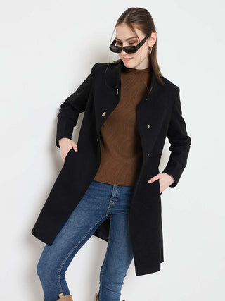 Madame Black Long Coat with Stand Collar and Buttons