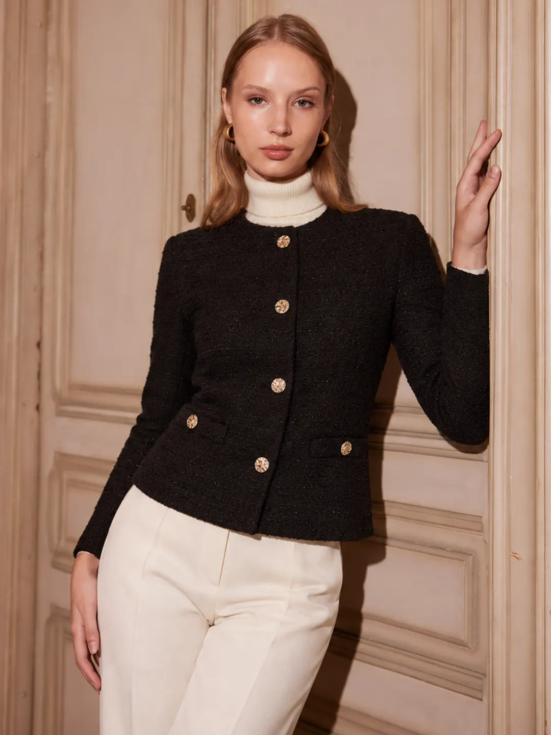 Madame Round Neck Black Textured Short Coat color swatch