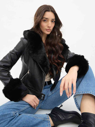 Madame Faux Fur Notch Lapel Collar Black PU Leather Jacket