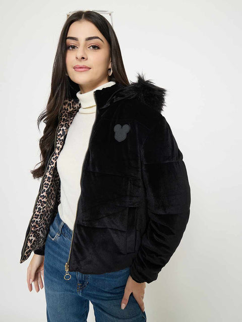 Madame Disney Printed Hooded Zip Up Black Jacket