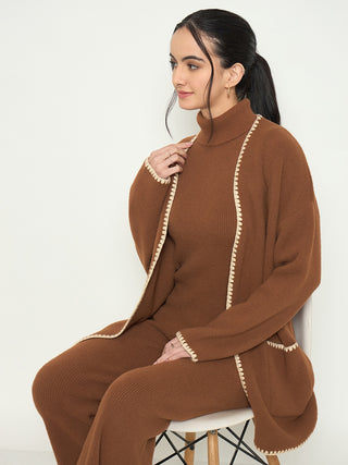 Madame Three Piece Solid Brown Knit Co-ord Set