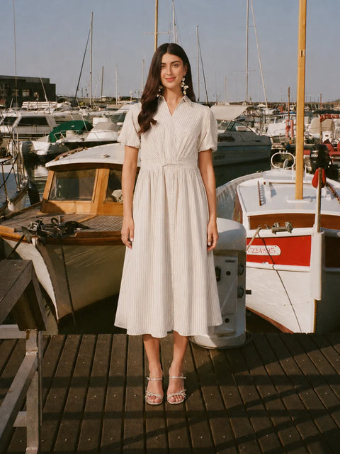 Madame Beige Viscose Linen Blend Midi Dress