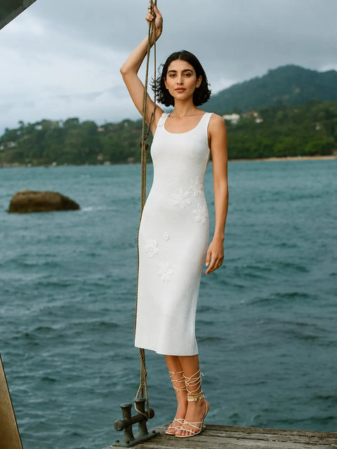Madame Off White Floral Knit Cotton Midi Dress