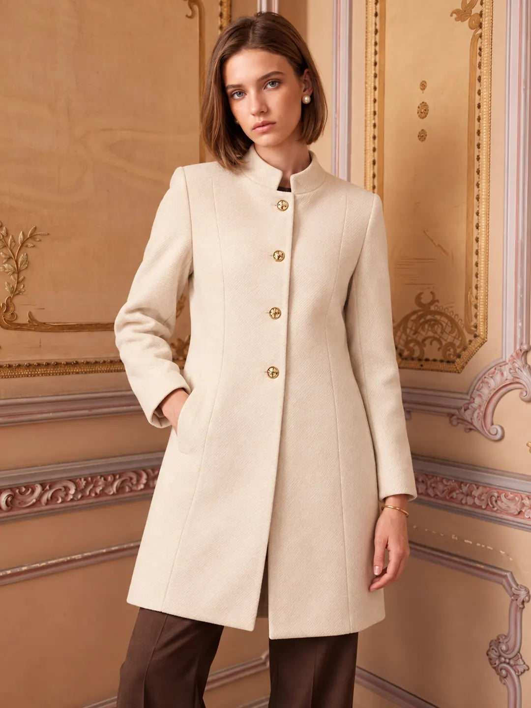 Madame stand Collar Off White Long Coat color swatch