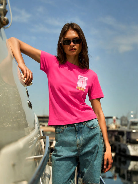 Madame Hot Pink Cotton Printed Half-Sleeve T-Shirt