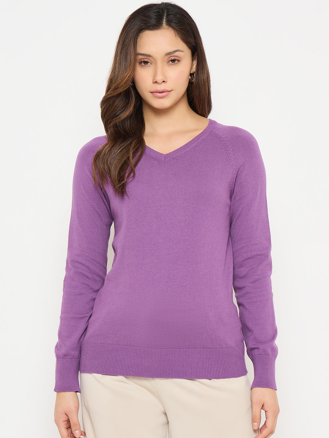 Madame V Neck Purple Solid Sweater color swatch