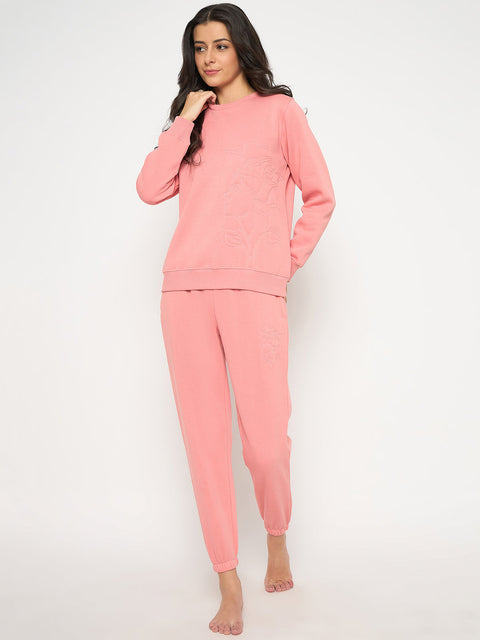 mSECRET Cotton Blend Embossed Detailed Top and Bottom Pink Night Suit