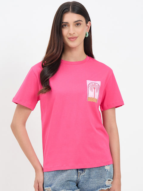 Madame Hot Pink Cotton Printed Half-Sleeve T-Shirt
