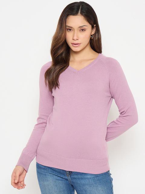 Madame V Neck Solid mauve Sweater