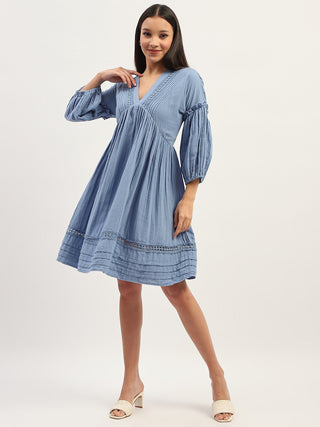 Madame Puff Sleeve Fit And Flare Cotton Blue Midi Dress