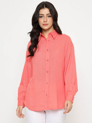 Madame Linen Blend Solid Light Coral Shirt
