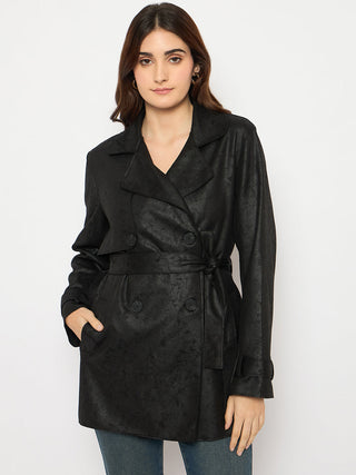 Madame Double Breasted Belted Solid Black Trench Coat