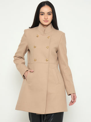Madame Beige Long Coat with Stand COllar and Buttons
