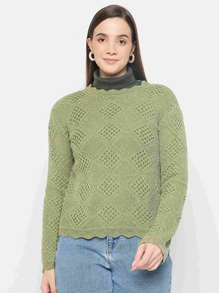 Madame Textured Scalloped Hem Green Knitted Top