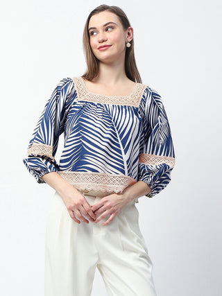 Madame Botanical Print Cotton Blend Navy Blue Top