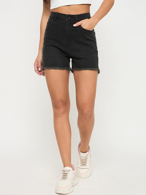 Madame Frayed Hem Charcoal Black Cotton Blend Denim Shorts