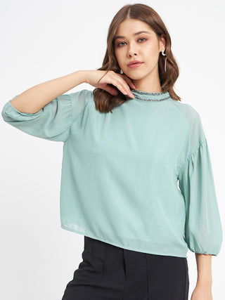 Madame Embellished Neckline Turtle Neck Solid Mint Green Top
