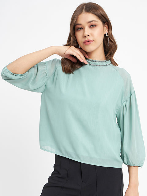 Madame Embellished Neckline Turtle Neck Solid Mint Green Top