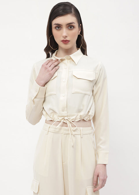 Madame Drawstring Waist Beige Flap Pocket Crop Shirt