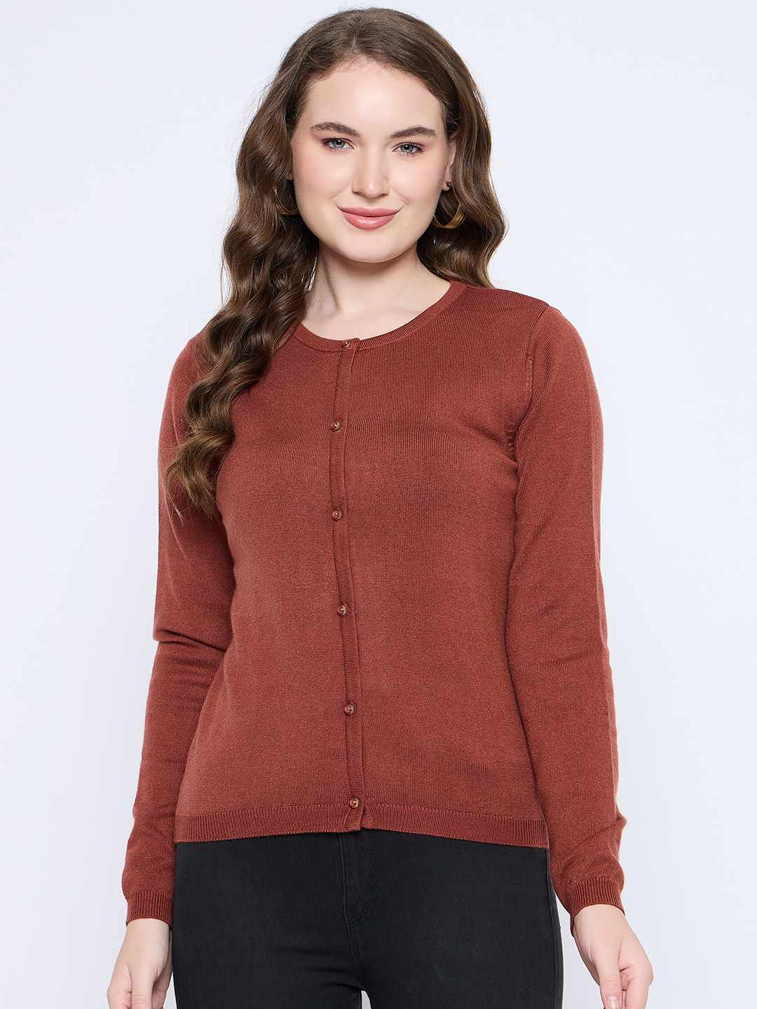 Madame Crew Neck Button Down Rust Red Cardigan color swatch