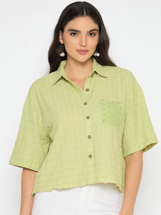 Madame Textured Pocketed Light Green Shirt