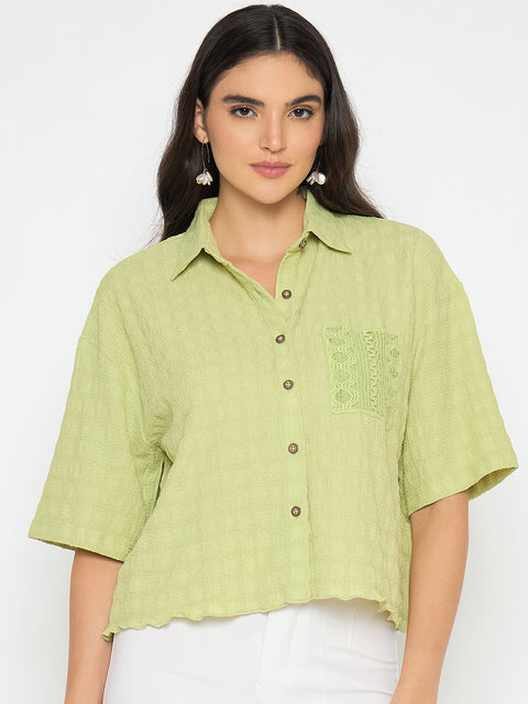 Madame Textured Pocketed Light Green Shirt