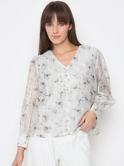 Madame Nylon Printed Embellished Grey Overlapping Top