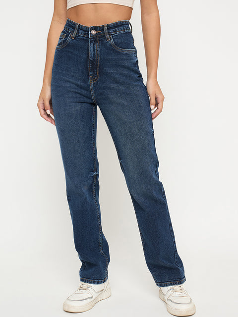 Madame Whiskered Dark Blue Cotton Blend Straight Jeans