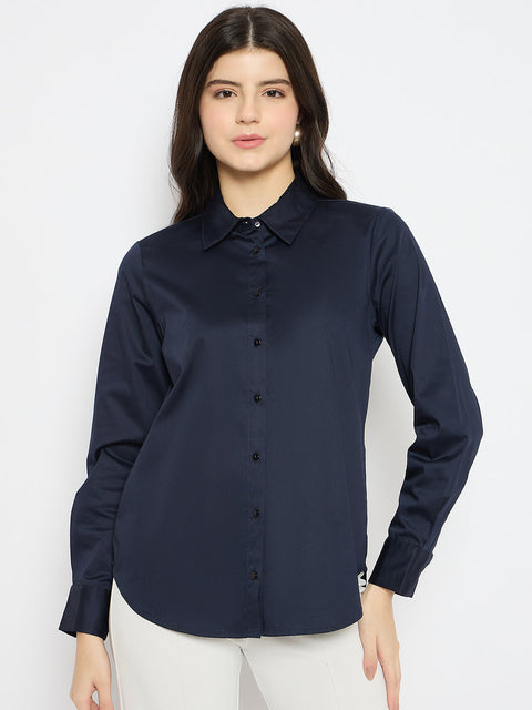 Madame Navy Blue Cotton Blend Shirt