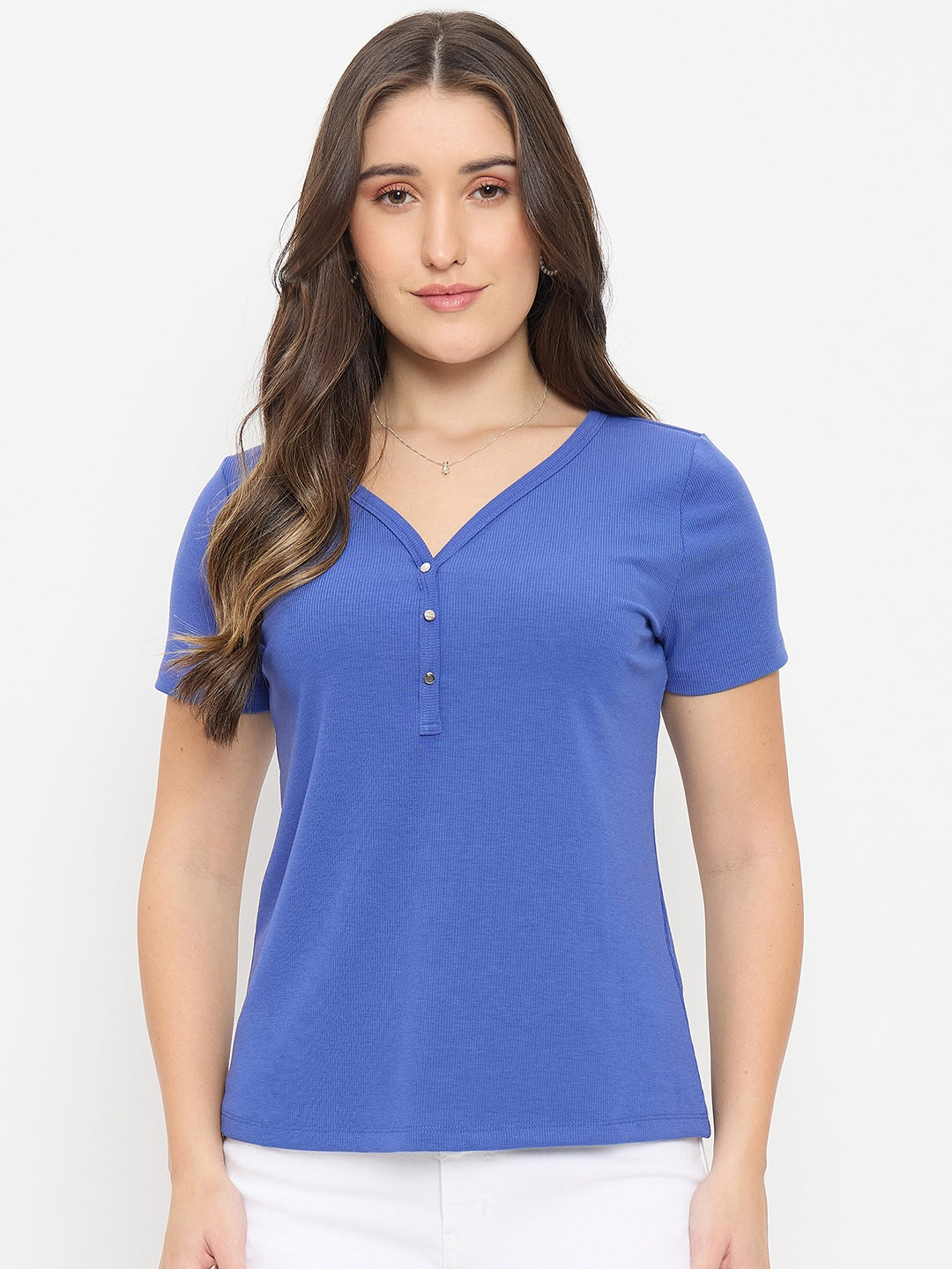Madame Blue V-Neck T-Shirt with Button Placket color swatch