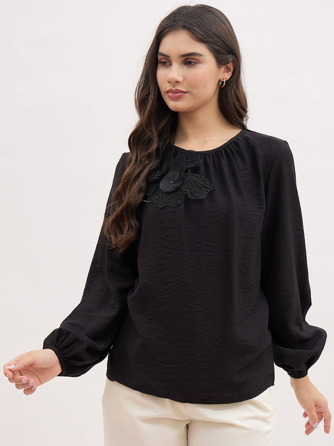 Madame Black 3D Floral Applique Crinkle Top