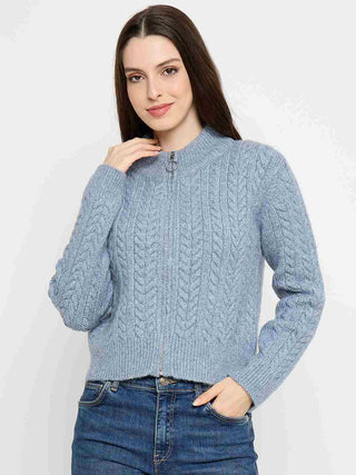 Madame Cable Knit Zip Blue Sweater