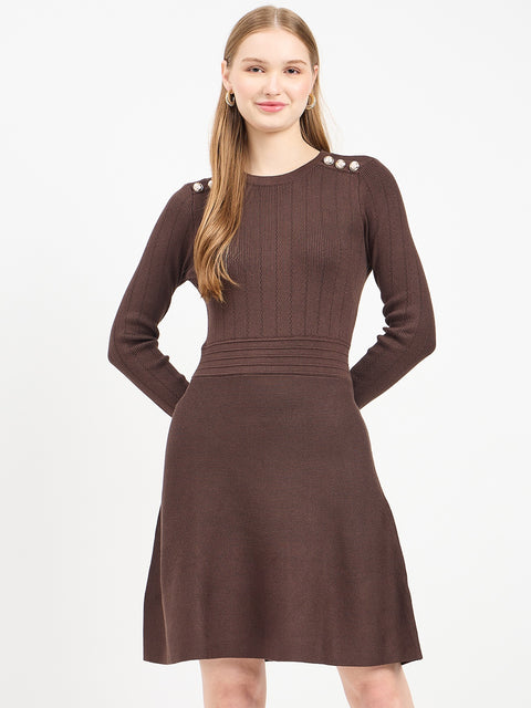 Madame Embellished Fit and Flare Coffee Knit Dress