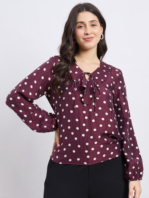 Madame Wine Polka Dot Print Ruffle Collar Top