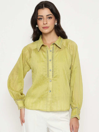Madame Textured Nylon Blend Cyber Lime Full Sleeve Shirt