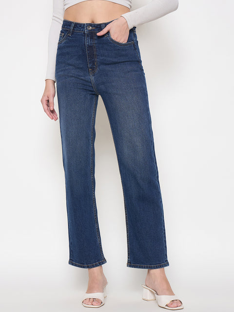 Madame Cotton Blend Rolled Hem Dark Blue Straight Jeans