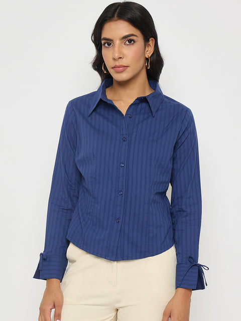 Madame Striped Solid Navy Cotton Shirt
