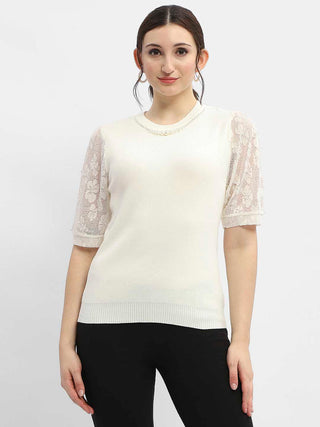 Madame Lace Adorned Beige Embellished Neck Top