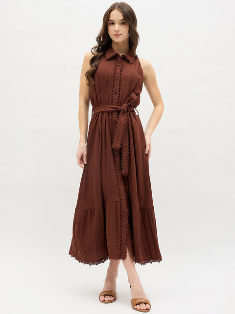 Madame Chocolate Brown Sleeveless Maxi Shirt Dress