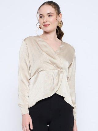 Madame Wrap Detailed V neck Full Sleeve Beige Peplum Top
