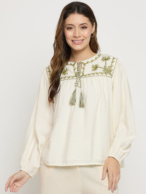 Madame Off White Viscose Embroidered Round Neck Puff Sleeve Tunic Top