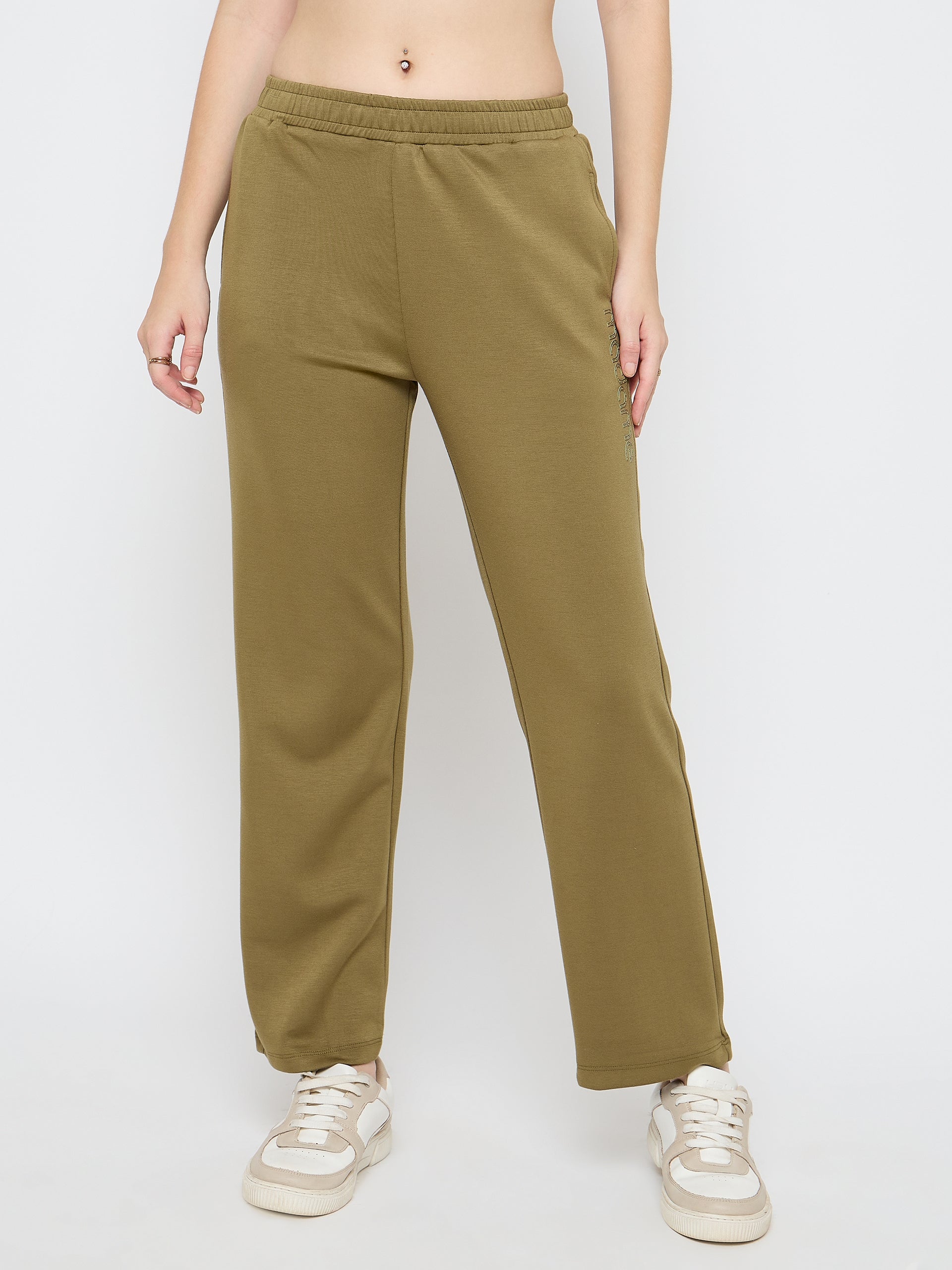 Madame Typography Print Olive Green Straight Track Bottoms color swatch