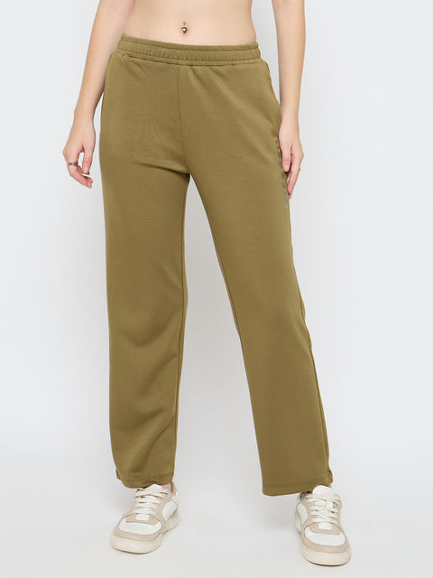 Madame Typography Print Olive Green Straight Track Bottoms