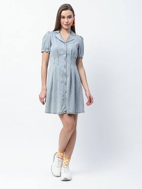 Madame Pintuck Detailed Light Blue Mini Denim Dress