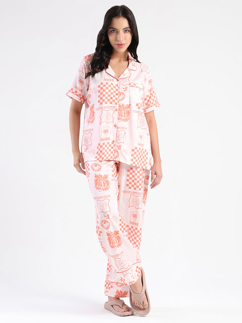 mSECRET Geometric Print Top and Bottoms Coral Pink Nightsuit