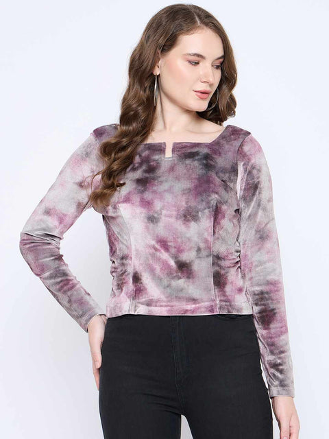 Madame Square Keyhole Neck Abstract Print Plum Top