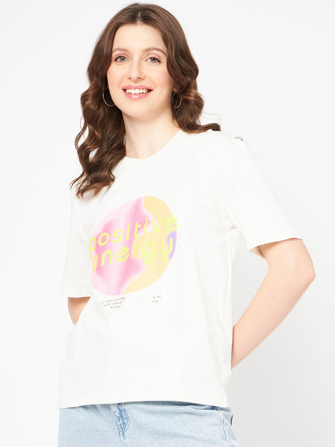 Madame Graphic Print Crew Neck White Cotton T-Shirt