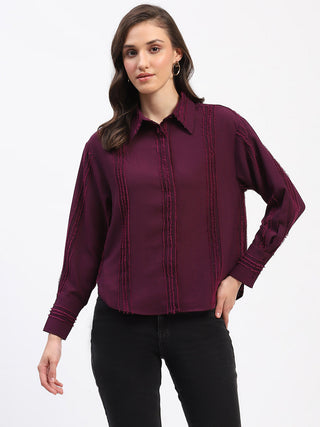 Madame Frayed Detailing Cuff Sleeve Plum Shirt