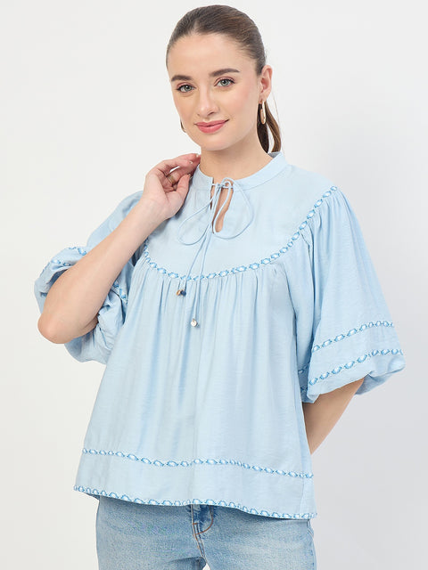 Madame Blue Aura Rayon Ruffle Top with Embroidery Trim