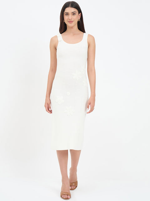 Madame Off White Floral Knit Cotton Midi Dress